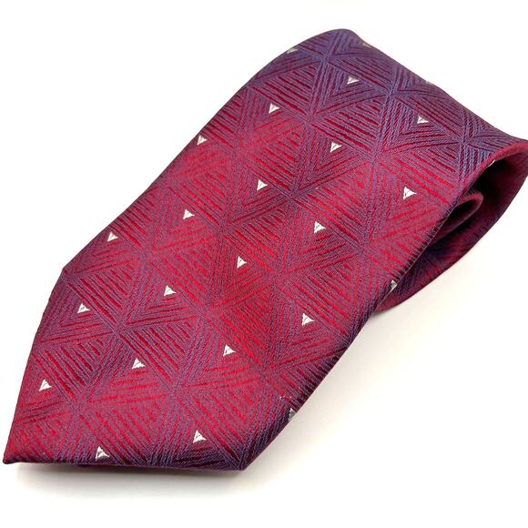 Kenneth Cole - Men's Tie - Red Foulard Silk Handmade Blue Geometric Necktie 57" - Picture 6 of 6
